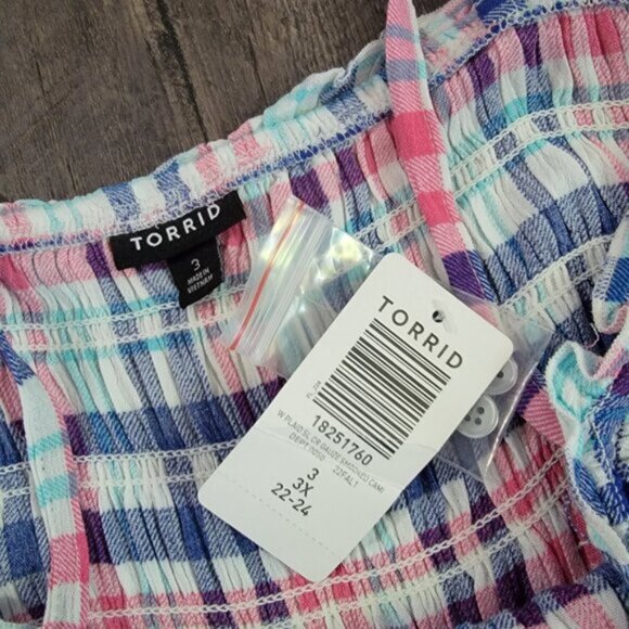 Torrid Peplum Plaid Top Smocked Bodice Cami Crinkle Gauze Size 3 Summer Pink NWT - Picture 7 of 8